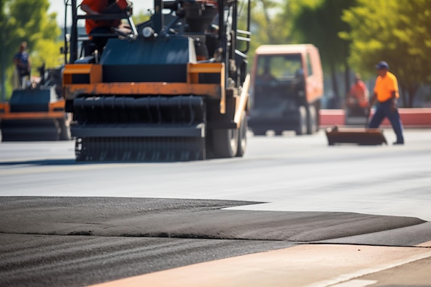 Фото Асфальтист закладывает свежий асфальт на дороге с рабочими, сглаживающими поверхность за ним генеративный ии