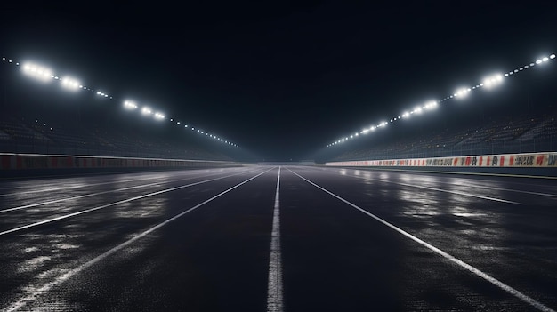 Asphalt racing track finish line and illuminated race sport stadium at night AI generation