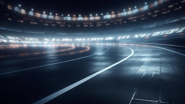 Asphalt racing track finish line and illuminated race sport stadium at night AI generation