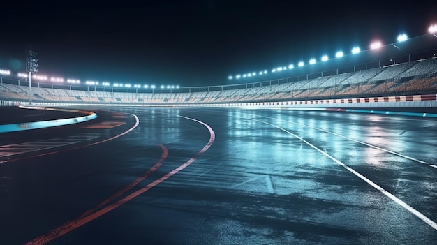 Asphalt racing track finish line and illuminated race sport stadium at night AI generation