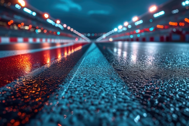 Asphalt racing track finish line and illuminated race sport stadium at night