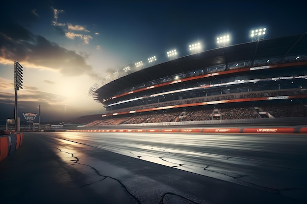 アスファルト レーシング トラックとスタジアムのイブニング アリーナでライトアップされたレース スポーツとスポットライト AI が生成