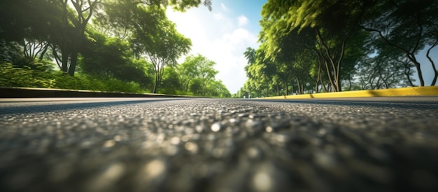 午後道路の横の緑の木の景色を眺めるアスファルト道路