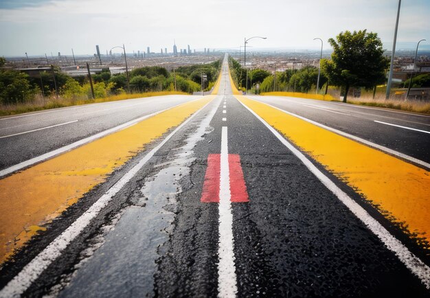 写真 アスファルト道路と近代都市の壁紙