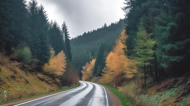 Asphalt road in the autumn forest in the mountains generative ai