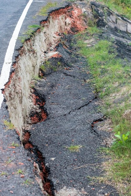 大地震後、アスファルト道路が倒壊