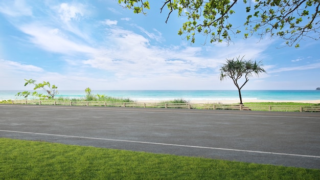 Photo asphalt road floor and big garden with sea view 3d illustration of empty green grass lawn