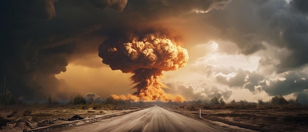 아스팔트 도로는 핵 폭발로 향합니다.  ⁇ 이가 있는 핵폭탄의 끔찍한 원자 폭발입니다.