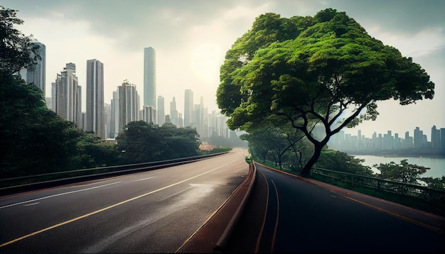 Asphalt road and green tree with city skyline in Hangzhou China Generative Ai