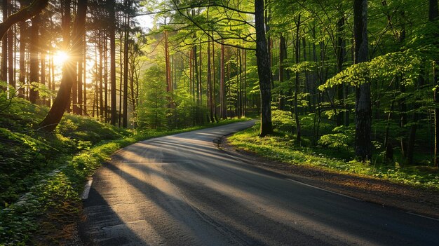 Asphalt road and green woods in the countryside nature