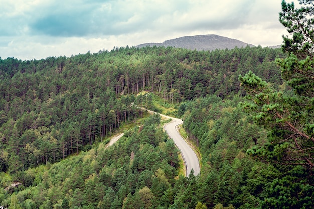 ノルウェーの山々の高いアスファルト道路