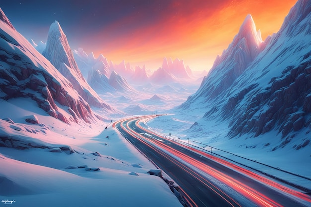 Асфальтовая дорога, шоссе в снежных горах, розовый закат.