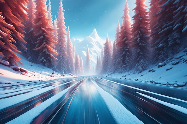 Асфальтовая дорога, шоссе в снежных горах, розовый закат.