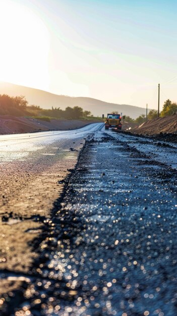 Photo the asphalt road is being paved and a truck is working on it