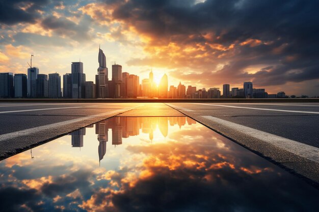 Photo asphalt road and modern city skyline