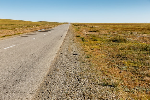 モンゴルの草原のアスファルト道路