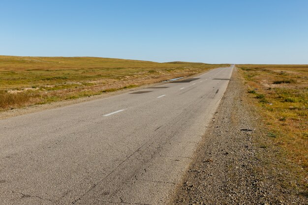 モンゴルの草原のアスファルト道路