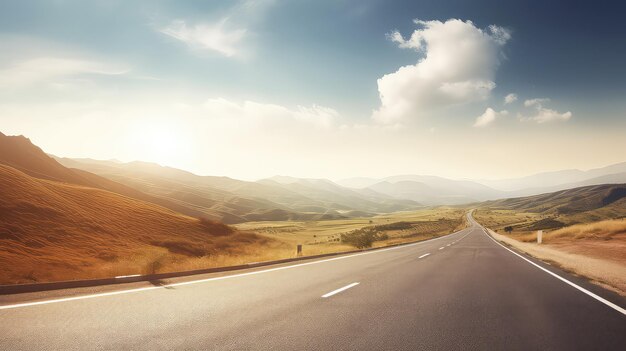 Asphalt road in the mountains under the blue sky with clouds