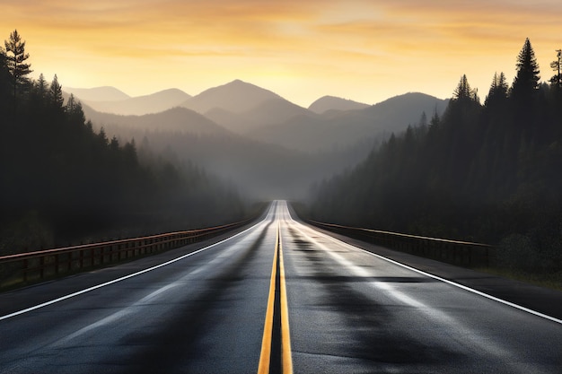 日没時の山の中のアスファルト道路 自然の背景 景色