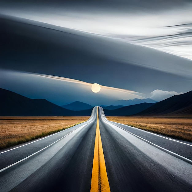 Asphalt road in the mountains with the moon in the sky