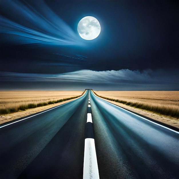 Asphalt road in the mountains with the moon in the sky