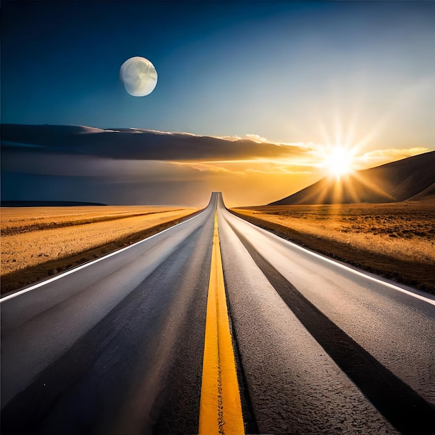 Photo asphalt road in the mountains with the moon in the sky