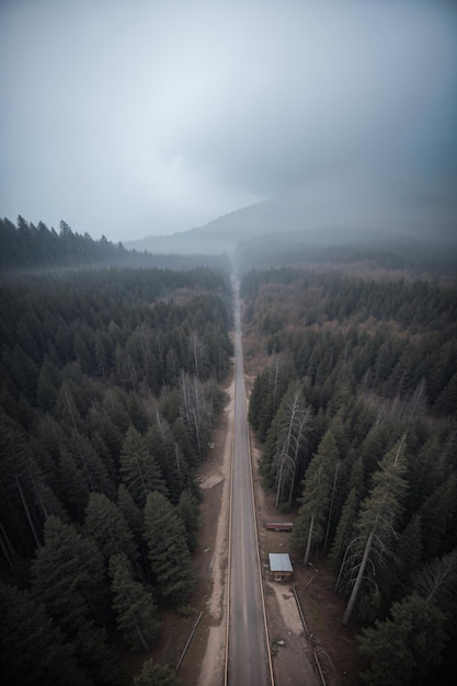 Asphalt road in the pine forest hills