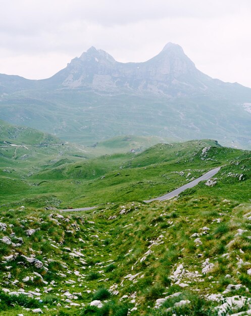 뒤르미토르 국립공원(Durmitor National Park)의 배경에 안개 속에 산이 있는 평원의 아스팔트 도로