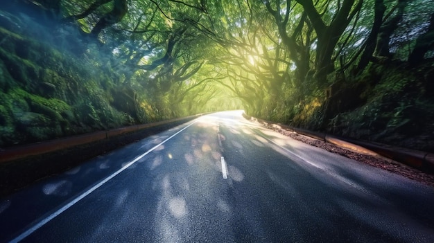 Asphalt road in the rainforest of New Zealand Shot with long exposure