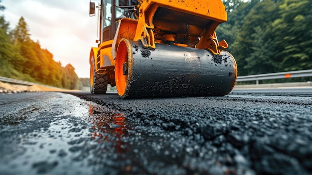 Photo asphalt road roller with heavy vibration roller compactor press new hot asphalt on the roadway on a road construction site heavy vibration roller at asphalt pavement working repairing