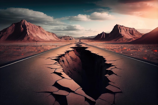 Asphalt road in ruins during aftermath earthquake