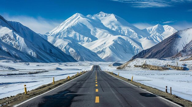 An Asphalt Road between Snowcapped Mountains