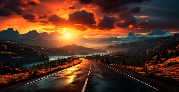 Asphalt road stretching into the distance mountain sunset ai generated image