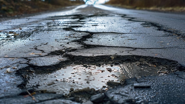 asphalt road that is broken peeling and potholes