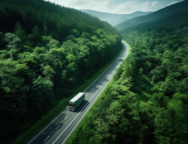 Asphalt road with air and green forest view Forest road passing through forest with car adventure