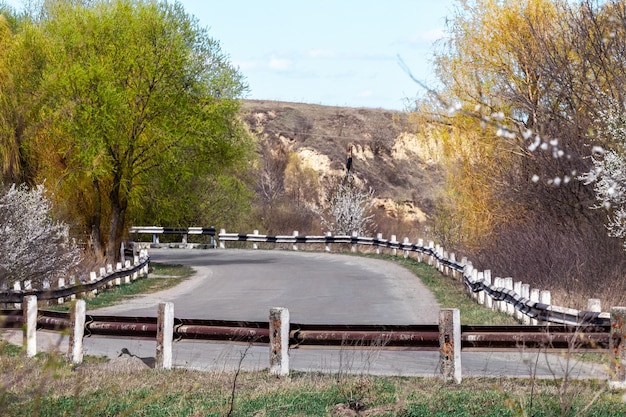 Асфальтированная дорога с железным забором в сельской местности