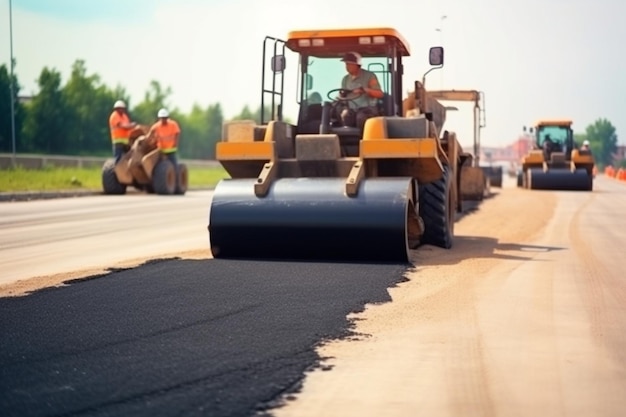 Photo asphalting and paving asphalt paver machine and steam road roller during road construction