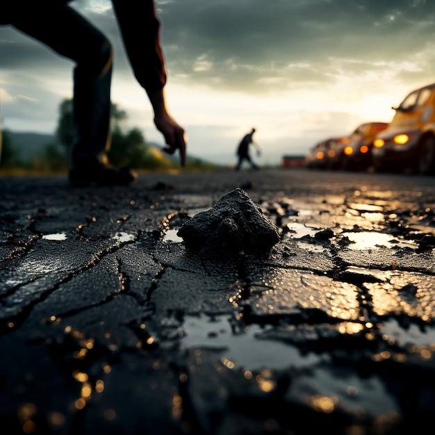 人間 の 指 で 道路 を アスファルト に し た