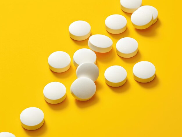 Aspirin tablets isolated on yellow background