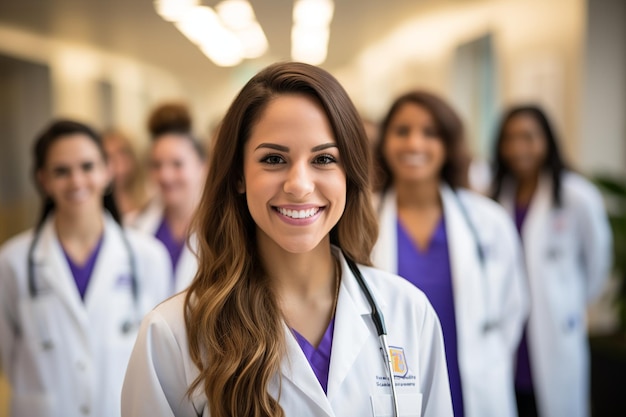Будущая медсестра - студентка среди медицинских работников