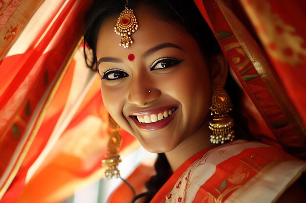 Assam's bridal glow a radiant bride in mekhela chador her joyful smile amplified by traditional