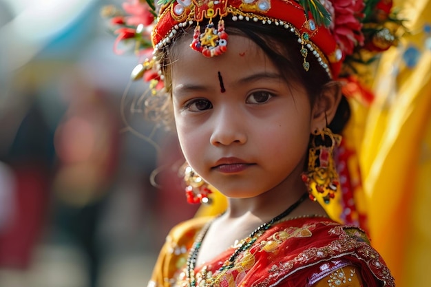 Photo assamese girl celebrates saraswati puja in traditional dress