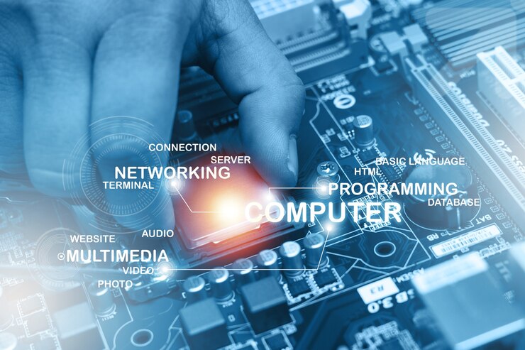 Photo assembling high performance personal computer. computer concept