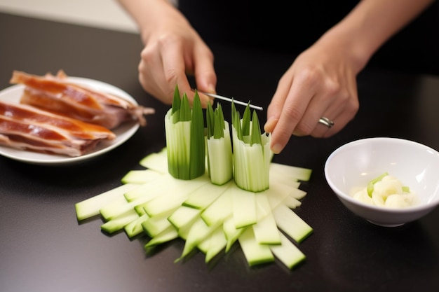 Assembling peking duck with cucumber sticks