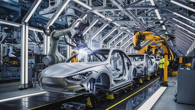 Assembly line production of new car automated welding of car body on production line robotic arm on