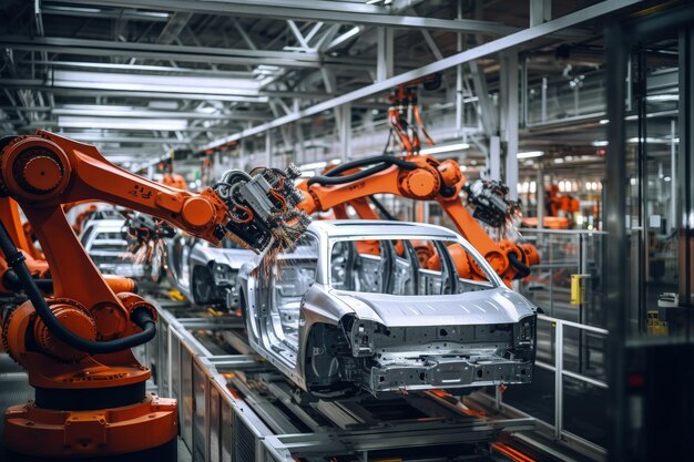 An assembly line with robots working on a car