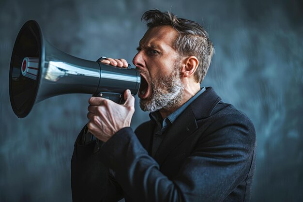 Foto assertieve zakenman schreeuwt luid in de megafoon op een donkere achtergrond voor marketing