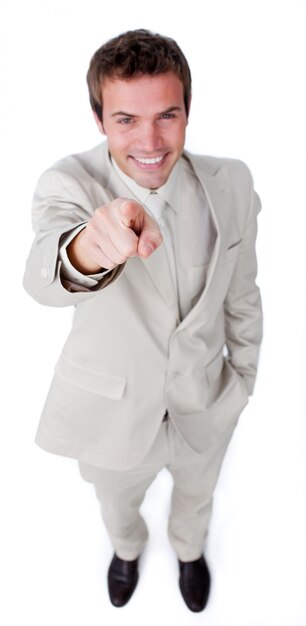 Photo assertive attractive businessman pointing at the camera