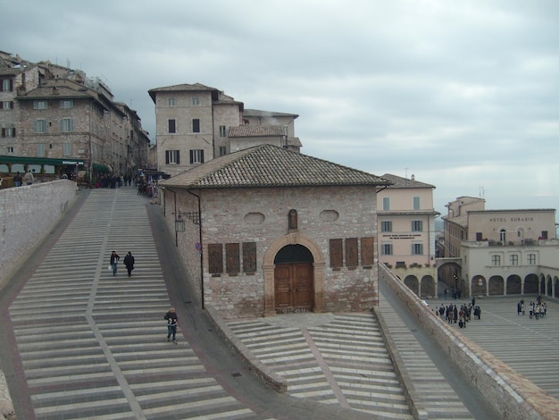 Assisi Italy December 1 2007 Church of San Francesco in Assisi the Basilica of Saint Francis in the Sacro Convento monastery Main staircase to the temple of the Franciscan order in Umbria