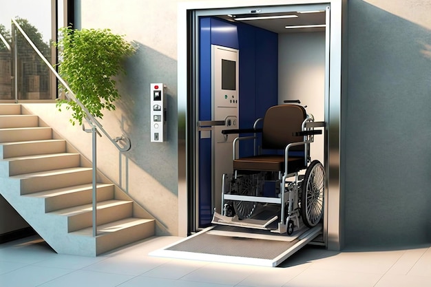 Foto assistenza ai portatori di handicap per l'accesso con l'ascensore al furgone superiore per sedie a rotelle